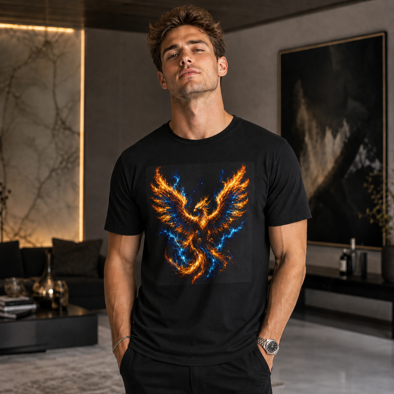 Phoenix Flame T-Shirt - Fiery Blue & Orange Mythical Bird Graphic Tee